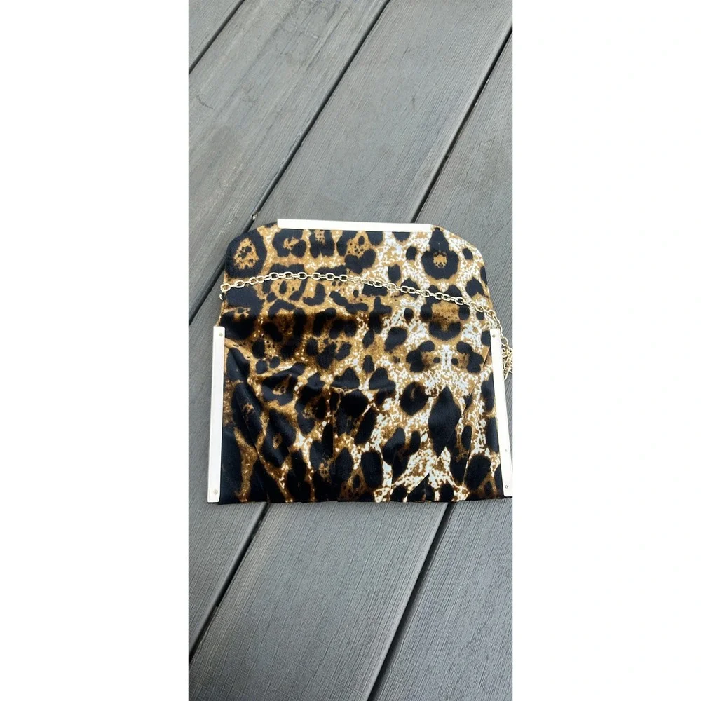 Venus Leopard Print Velvet Clutch Bag Gold Chain Strap Crossbody Brown Black